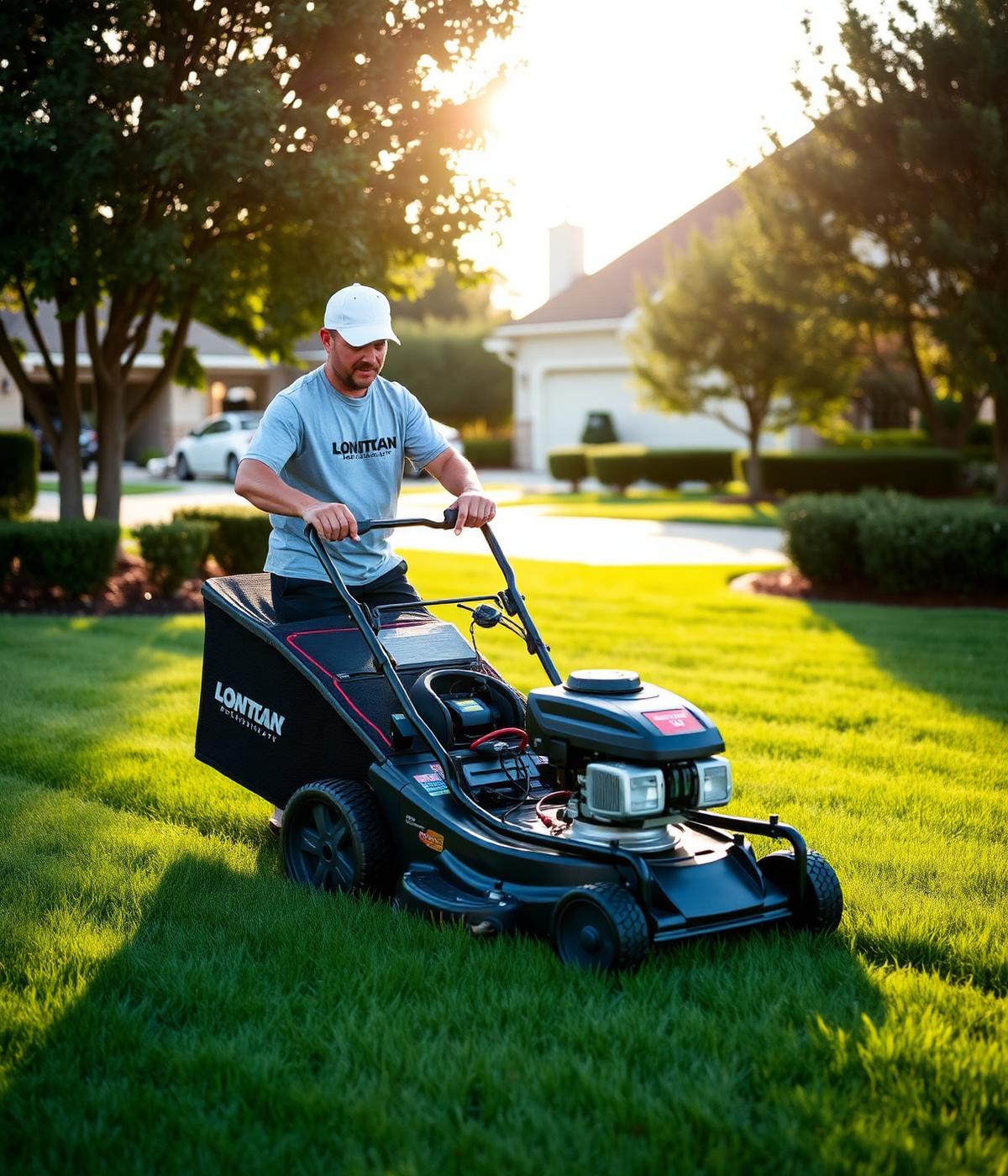 Noah's Lawn Care crew member mowing a lawn