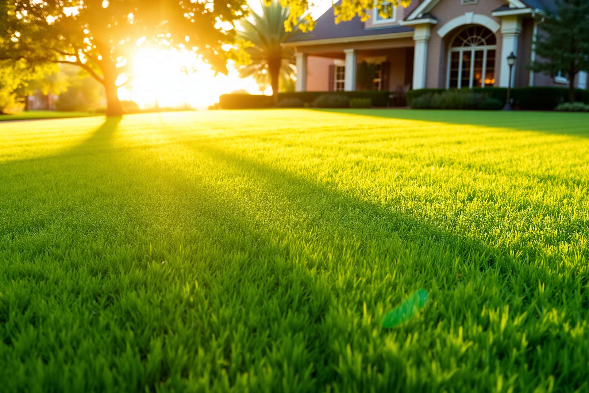A pristine green lawn with mowing stripes in front of a Texas home